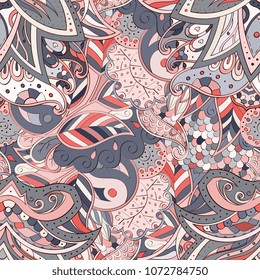 Tracery seamless pattern. Mehndi design. Ethnic colorful doodle texture. Curved doodling background. Vector