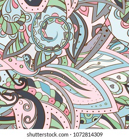Tracery seamless pattern. Mehndi design. Ethnic colorful doodle texture. Curved doodling background. Vector