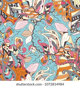 Tracery seamless pattern. Mehndi design. Ethnic colorful doodle texture. Curved doodling background. Vector