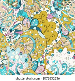 Tracery seamless pattern. Mehndi design. Ethnic colorful doodle texture. Curved doodling background. Vector