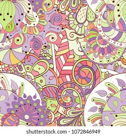 Tracery seamless pattern. Mehndi design. Ethnic colorful doodle texture. Curved doodling background. Vector