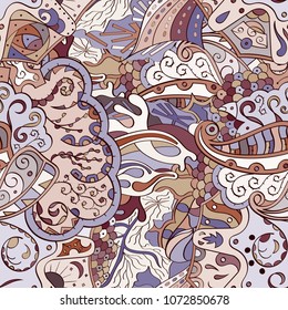 Tracery seamless pattern. Mehndi design. Ethnic colorful doodle texture. Curved doodling background. Vector