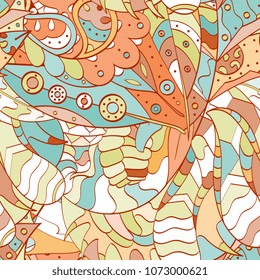 Tracery seamless pattern. Mehndi design. Ethnic colorful doodle texture. Curved doodling background. Vector
