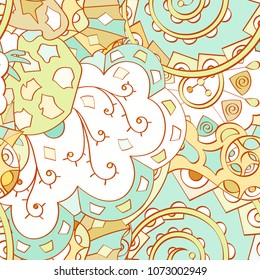 Tracery seamless pattern. Mehndi design. Ethnic colorful doodle texture. Curved doodling background. Vector
