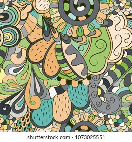 Tracery seamless pattern. Mehndi design. Ethnic colorful doodle texture. Curved doodling background. Vector
