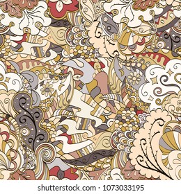 Tracery seamless pattern. Mehndi design. Ethnic colorful doodle texture. Curved doodling background. Vector