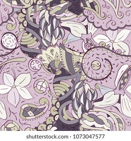 Tracery seamless pattern. Mehndi design. Ethnic colorful doodle texture. Curved doodling background. Vector