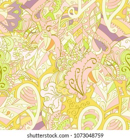 Tracery seamless pattern. Mehndi design. Ethnic colorful doodle texture. Curved doodling background. Vector