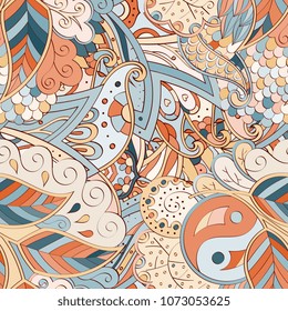 Tracery seamless pattern. Mehndi design. Ethnic colorful doodle texture. Curved doodling background. Vector