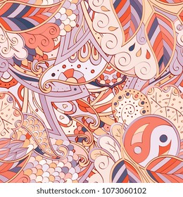 Tracery seamless pattern. Mehndi design. Ethnic colorful doodle texture. Curved doodling background. Vector