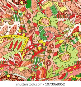 Tracery seamless pattern. Mehndi design. Ethnic colorful doodle texture. Curved doodling background. Vector