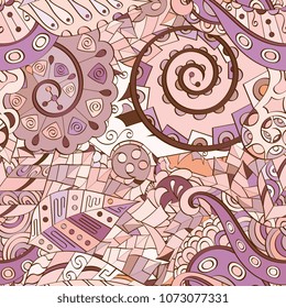 Tracery seamless pattern. Mehndi design. Ethnic colorful doodle texture. Curved doodling background. Vector
