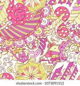 Tracery seamless pattern. Mehndi design. Ethnic colorful doodle texture. Curved doodling background. Vector