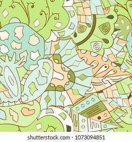 Tracery seamless pattern. Mehndi design. Ethnic colorful doodle texture. Curved doodling background. Vector