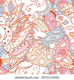 Tracery seamless pattern. Mehndi design. Ethnic colorful doodle texture. Curved doodling background. Vector