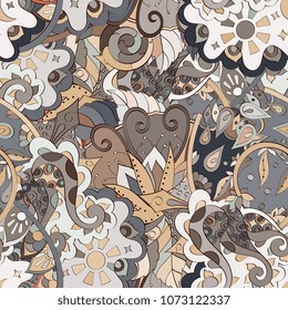 Tracery seamless pattern. Mehndi design. Ethnic colorful doodle texture. Curved doodling background. Vector