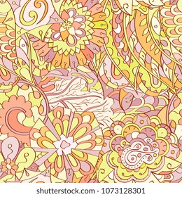 Tracery seamless pattern. Mehndi design. Ethnic colorful doodle texture. Curved doodling background. Vector