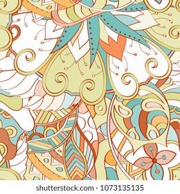 Tracery seamless pattern. Mehndi design. Ethnic colorful doodle texture. Curved doodling background. Vector