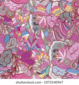 Tracery seamless pattern. Mehndi design. Ethnic colorful doodle texture. Curved doodling background. Vector