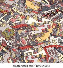 Tracery seamless pattern. Mehndi design. Ethnic colorful doodle texture. Curved doodling background. Vector
