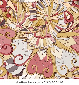 Tracery seamless pattern. Mehndi design. Ethnic colorful doodle texture. Curved doodling background. Vector