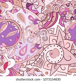 Tracery seamless pattern. Mehndi design. Ethnic colorful doodle texture. Curved doodling background. Vector