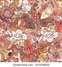 Tracery seamless pattern. Mehndi design. Ethnic colorful doodle texture. Curved doodling background. Vector