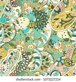 Tracery seamless pattern. Mehndi design. Ethnic colorful doodle texture. Curved doodling background. Vector