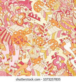 Tracery seamless pattern. Mehndi design. Ethnic colorful doodle texture. Curved doodling background. Vector