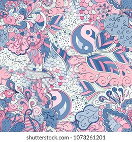 Tracery seamless pattern. Mehndi design. Ethnic colorful doodle texture. Curved doodling background. Vector