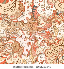 Tracery seamless pattern. Mehndi design. Ethnic colorful doodle texture. Curved doodling background. Vector