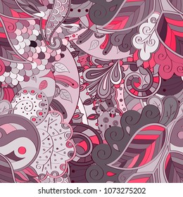 Tracery seamless pattern. Mehndi design. Ethnic colorful doodle texture. Curved doodling background. Vector