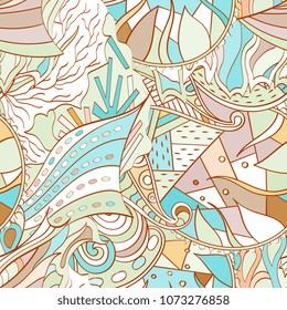 Tracery seamless pattern. Mehndi design. Ethnic colorful doodle texture. Curved doodling background. Vector