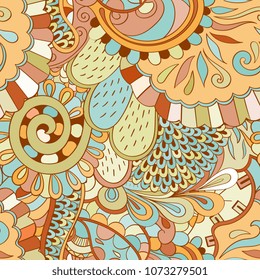 Tracery seamless pattern. Mehndi design. Ethnic colorful doodle texture. Curved doodling background. Vector