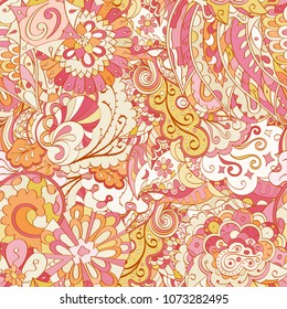 Tracery seamless pattern. Mehndi design. Ethnic colorful doodle texture. Curved doodling background. Vector