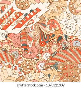 Tracery seamless pattern. Mehndi design. Ethnic colorful doodle texture. Curved doodling background. Vector