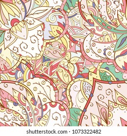 Tracery seamless pattern. Mehndi design. Ethnic colorful doodle texture. Curved doodling background. Vector