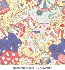 Tracery seamless pattern. Mehndi design. Ethnic colorful doodle texture. Curved doodling background. Vector