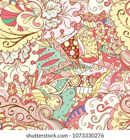 Tracery seamless pattern. Mehndi design. Ethnic colorful doodle texture. Curved doodling background. Vector