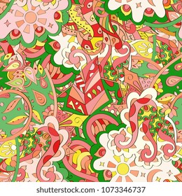 Tracery seamless pattern. Mehndi design. Ethnic colorful doodle texture. Curved doodling background. Vector