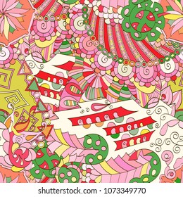 Tracery seamless pattern. Mehndi design. Ethnic colorful doodle texture. Curved doodling background. Vector