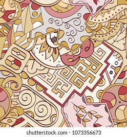 Tracery seamless pattern. Mehndi design. Ethnic colorful doodle texture. Curved doodling background. Vector