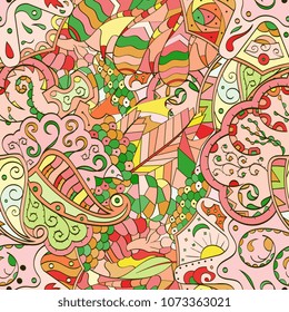 Tracery seamless pattern. Mehndi design. Ethnic colorful doodle texture. Curved doodling background. Vector