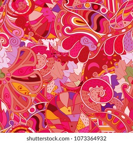 Tracery seamless pattern. Mehndi design. Ethnic colorful doodle texture. Curved doodling background. Vector