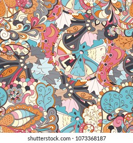 Tracery seamless pattern. Mehndi design. Ethnic colorful doodle texture. Curved doodling background. Vector