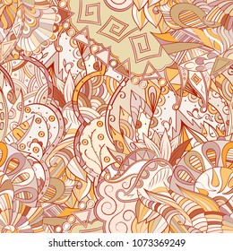 Tracery seamless pattern. Mehndi design. Ethnic colorful doodle texture. Curved doodling background. Vector