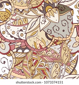 Tracery seamless pattern. Mehndi design. Ethnic colorful doodle texture. Curved doodling background. Vector