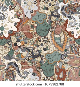 Tracery seamless pattern. Mehndi design. Ethnic colorful doodle texture. Curved doodling background. Vector