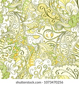 Tracery seamless pattern. Mehndi design. Ethnic colorful doodle texture. Curved doodling background. Vector