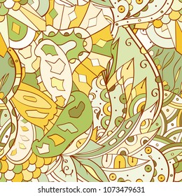 Tracery seamless pattern. Mehndi design. Ethnic colorful doodle texture. Curved doodling background. Vector